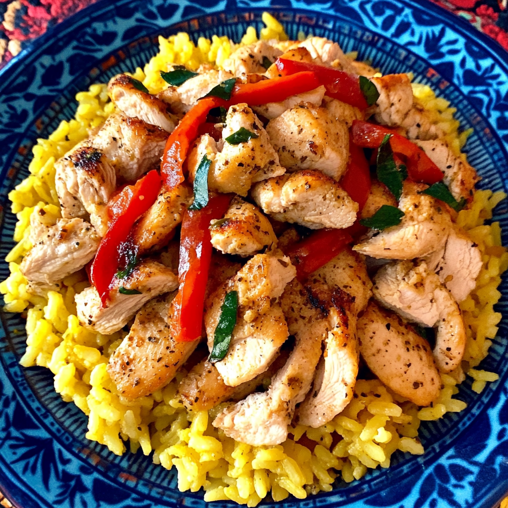 Chicken and Rice Power Bowl topped with fresh vegetables – a healthy, protein-packed meal perfect for fitness and weight management.2