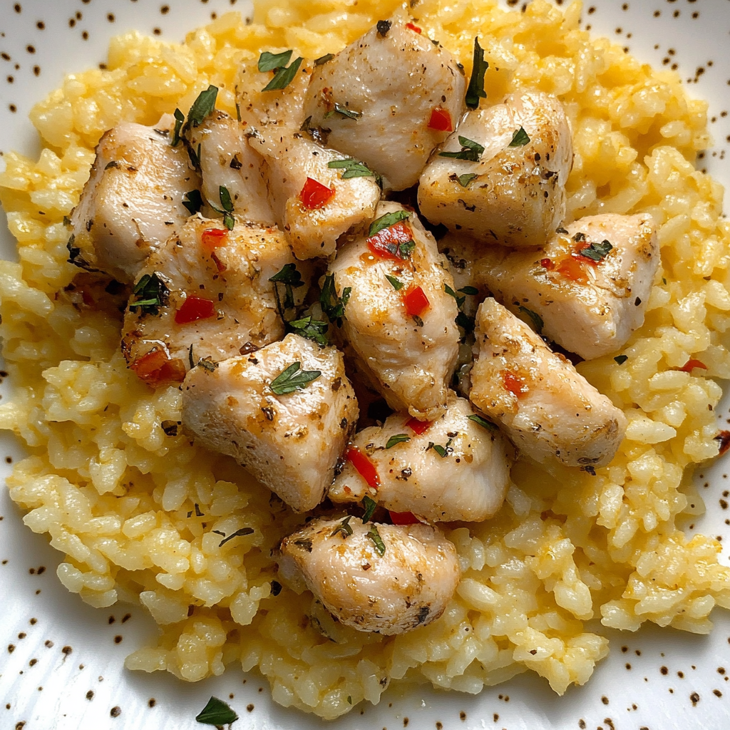 Chicken and Rice Power Bowl topped with fresh vegetables – a healthy, protein-packed meal perfect for fitness and weight management.4