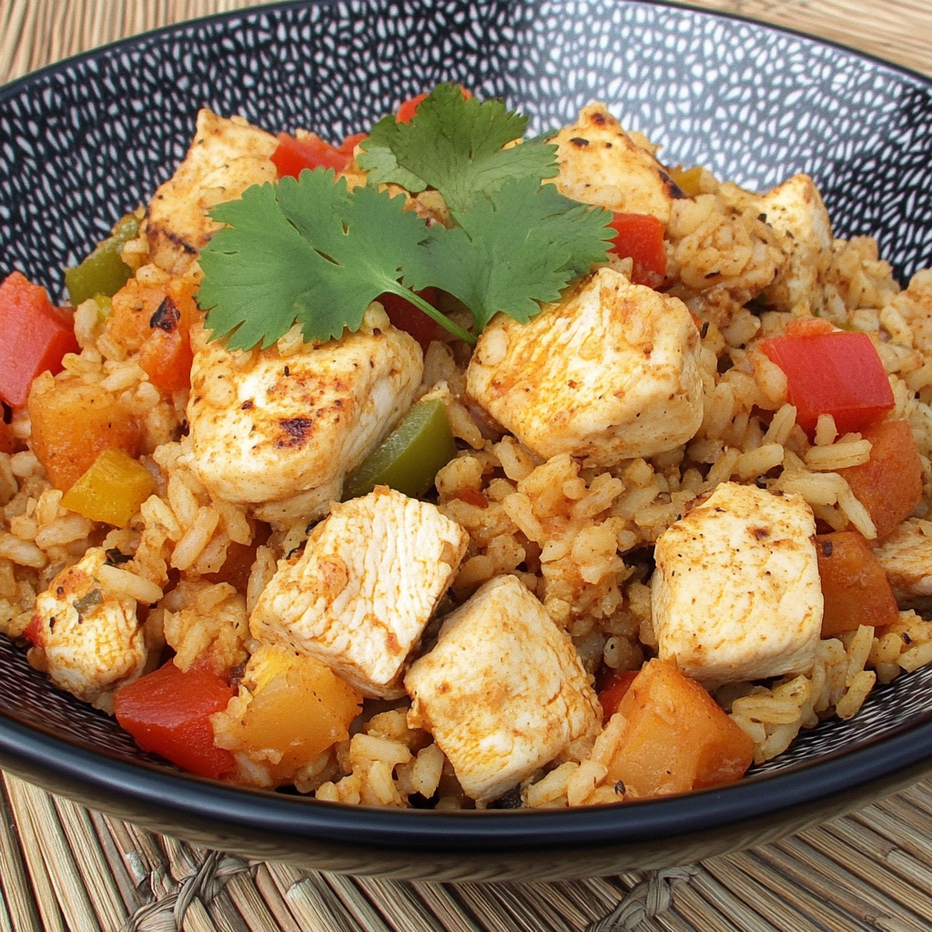 Chicken and Rice Power Bowl topped with fresh vegetables – a healthy, protein-packed meal perfect for fitness and weight management.3