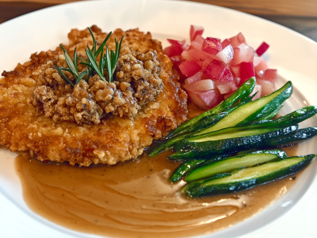 Chicken fried steak with sautéed vegetables'1