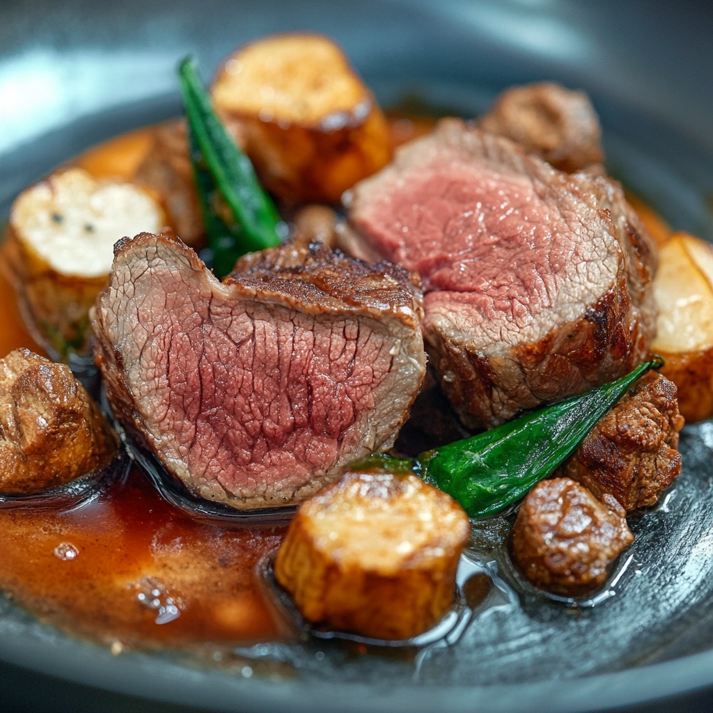 Perfectly cooked fillet of beef sliced and served with herbs and sauce2