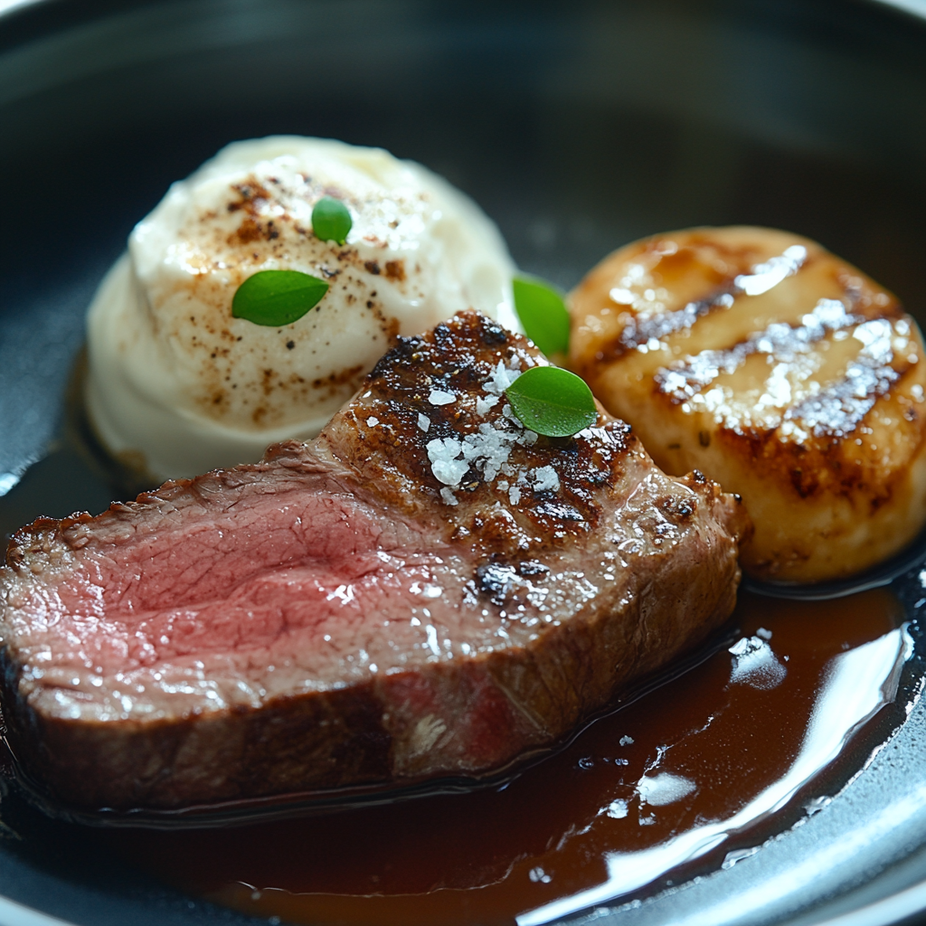 Perfectly cooked fillet of beef sliced and served with herbs and sauce4