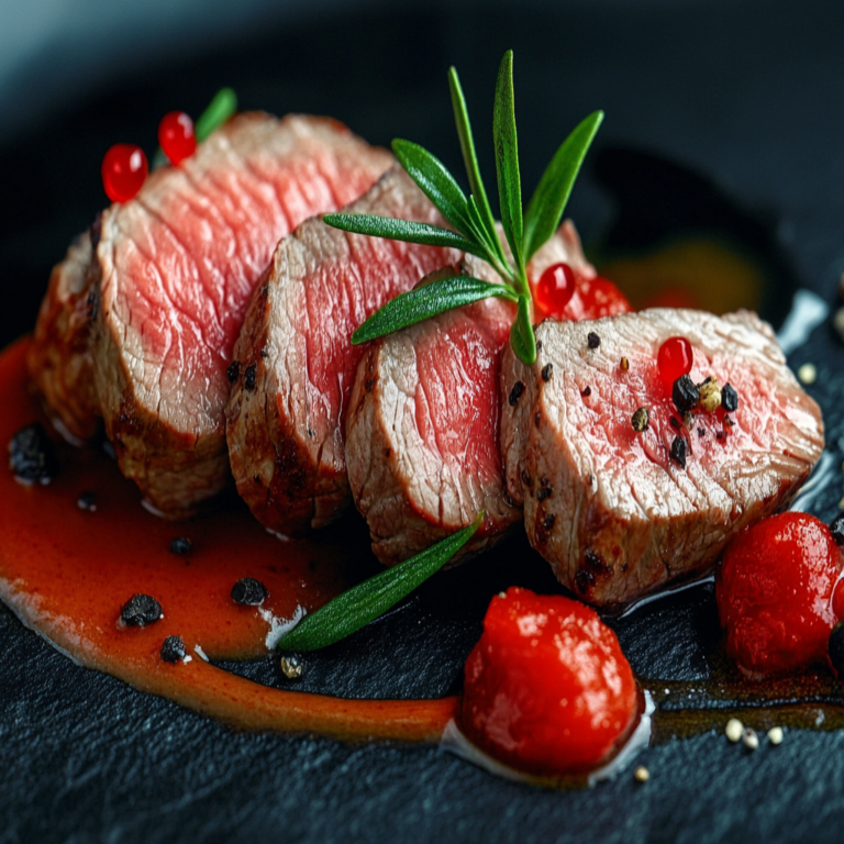 Perfectly cooked fillet of beef sliced and served with herbs and sauce1
