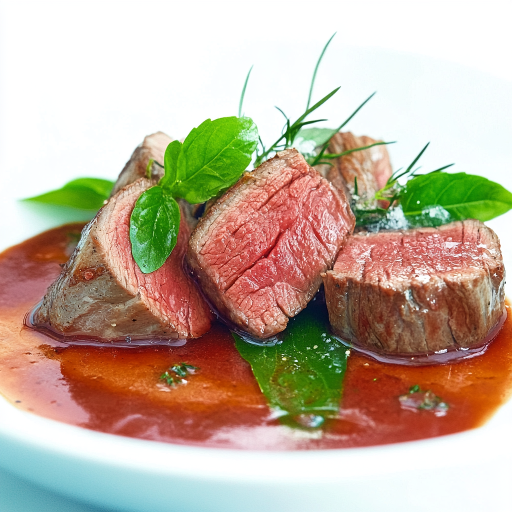 Perfectly cooked fillet of beef sliced and served with herbs and sauce3
