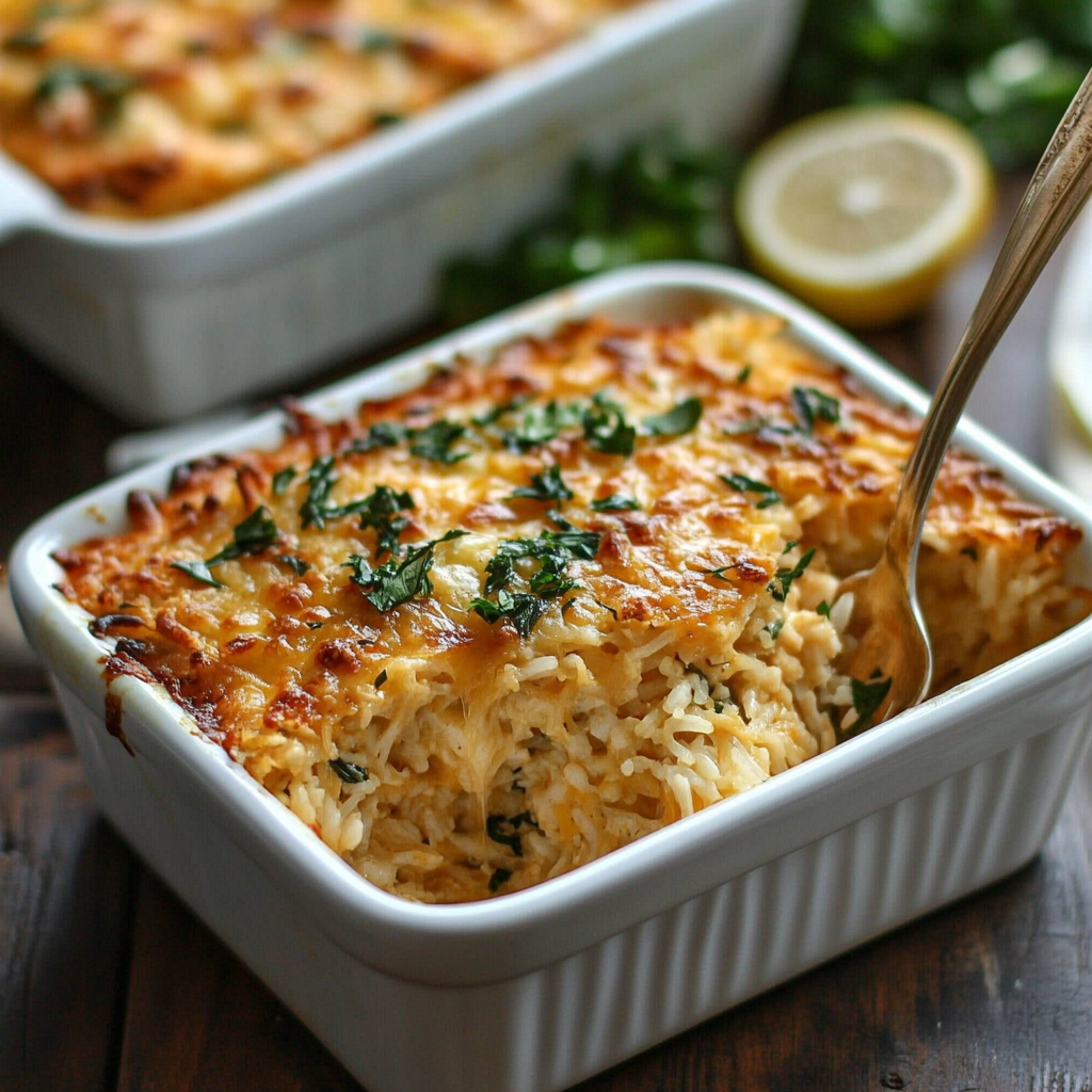 Cheesy Chicken and Rice Casserole fresh out of the oven, topped with golden melted cheese1