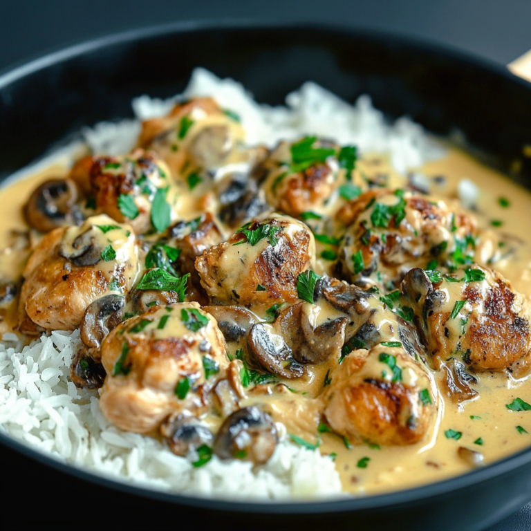 Cream of Mushroom Chicken and Rice served on a white plate with a creamy mushroom sauce and tender rice1