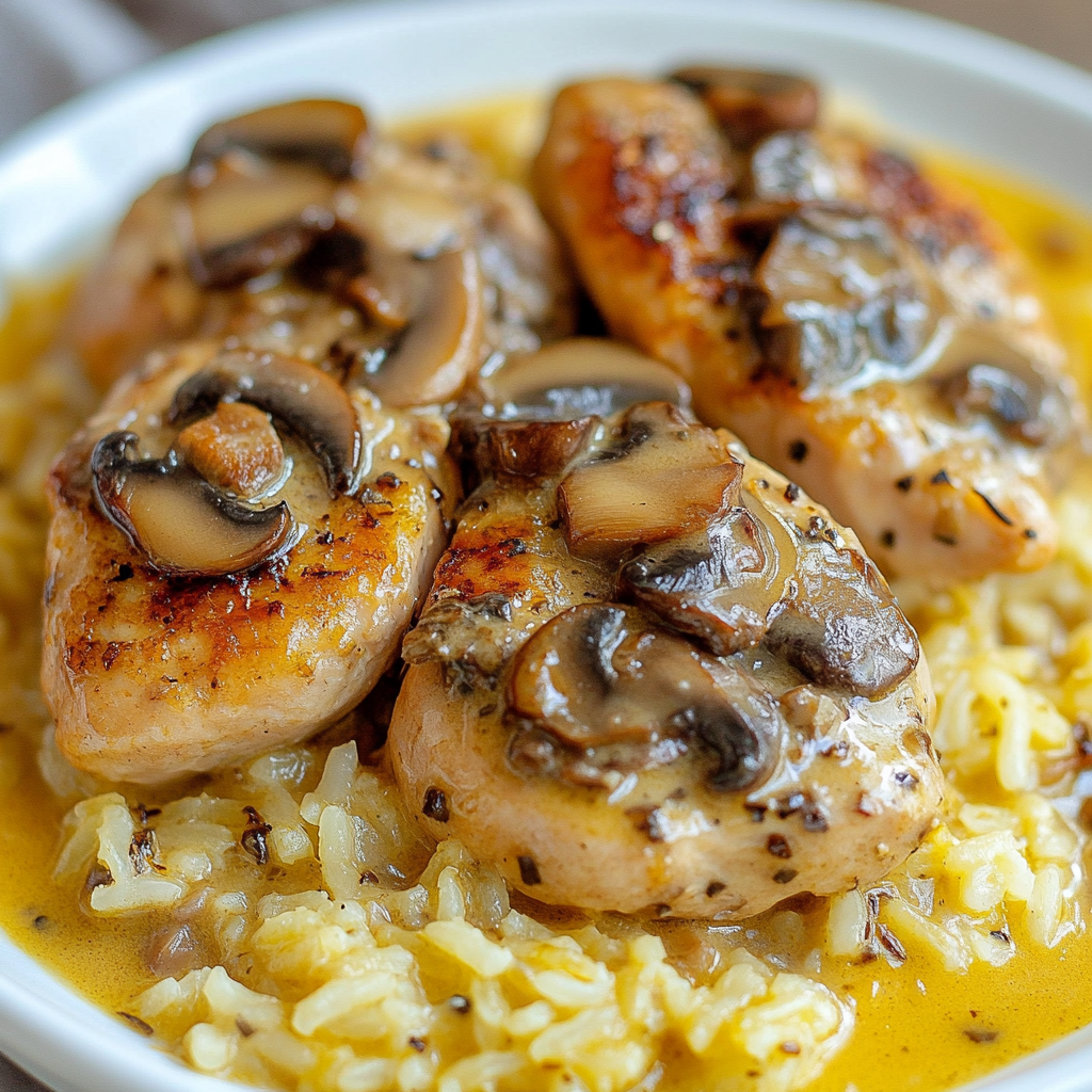 Cream of Mushroom Chicken and Rice served on a white plate with a creamy mushroom sauce and tender rice3