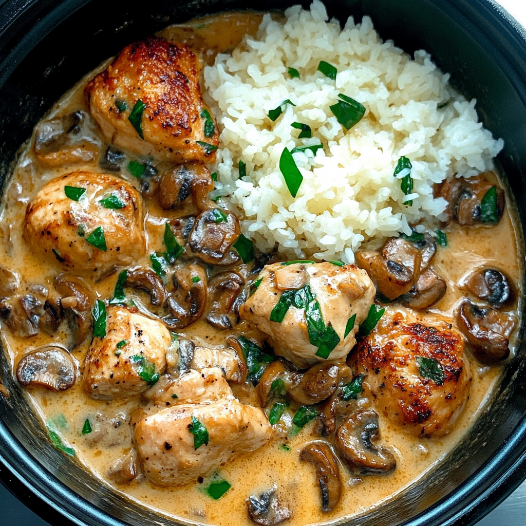 Cream of Mushroom Chicken and Rice served on a white plate with a creamy mushroom sauce and tender rice2