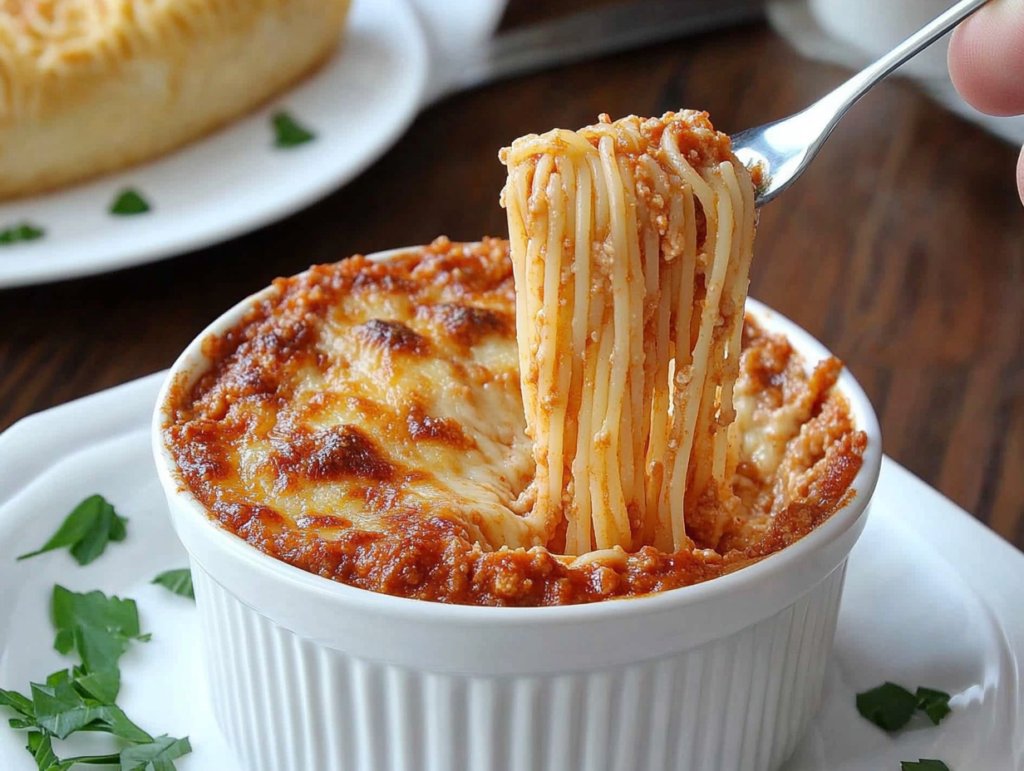 Delicious Crockpot Baked Spaghetti with gooey melted cheese and rich marinara sauce, slow-cooked to perfection for an easy and flavorful meal.1
