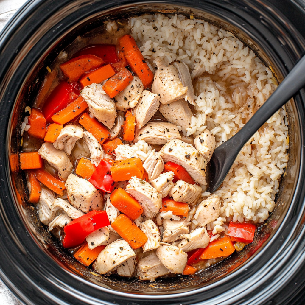 Hearty crockpot chicken and rice served in a white bowl – an easy, creamy slow cooker dinner recipe.2