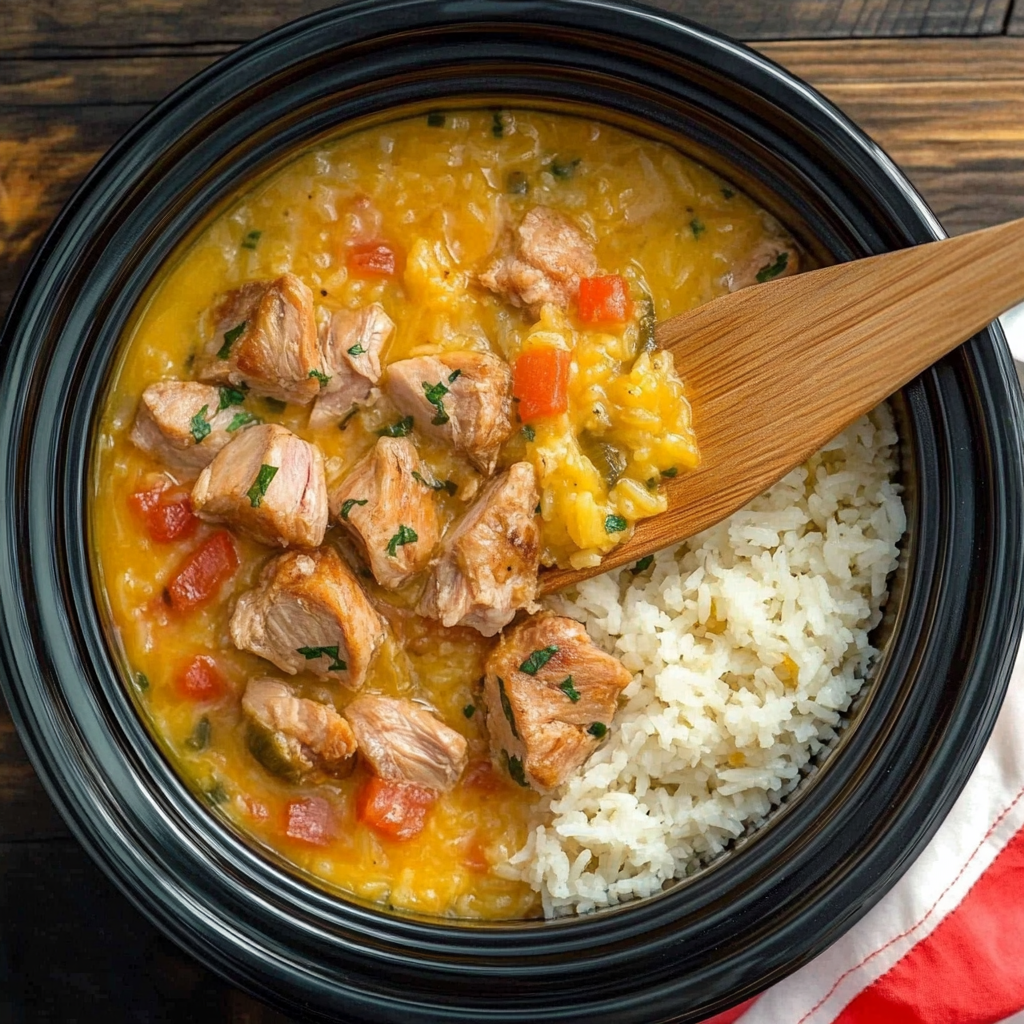 Hearty crockpot chicken and rice served in a white bowl – an easy, creamy slow cooker dinner recipe.1