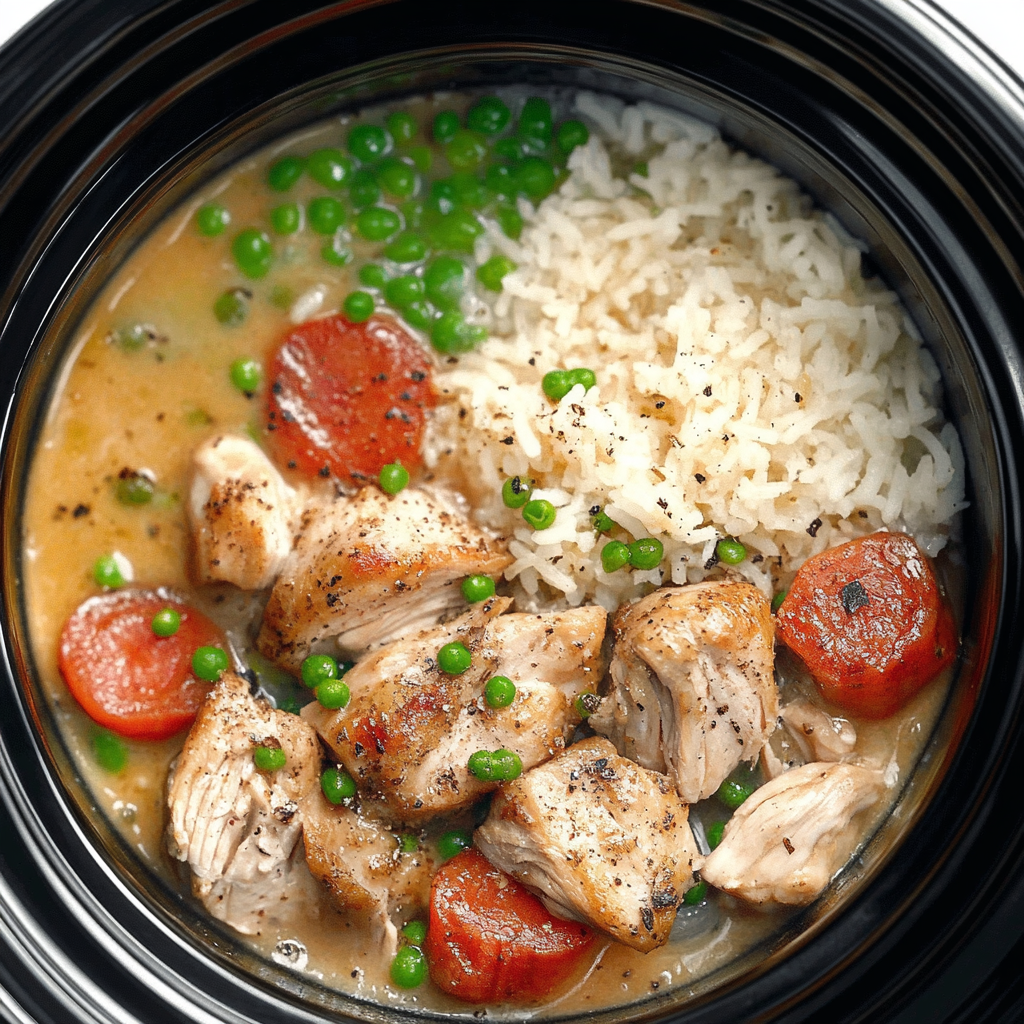 Hearty crockpot chicken and rice served in a white bowl – an easy, creamy slow cooker dinner recipe.3