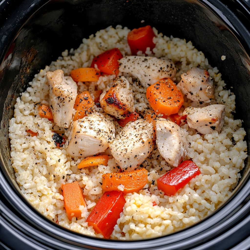 Hearty crockpot chicken and rice served in a white bowl – an easy, creamy slow cooker dinner recipe.4