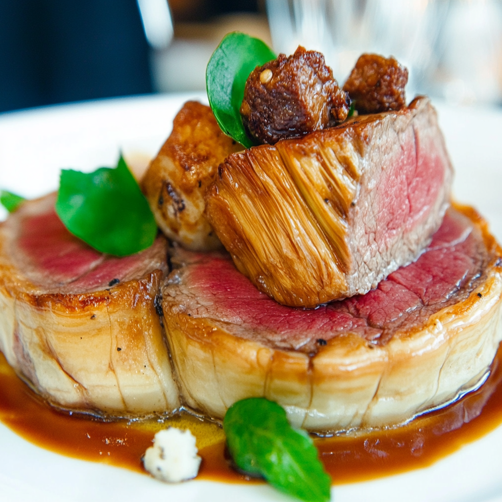 Plated Fillet of Beef Rossini with seared foie gras, truffle sauce, and toasted brioche.4