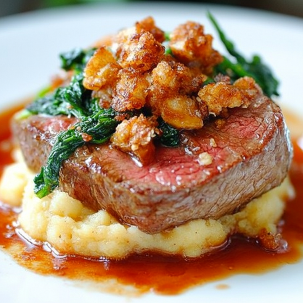 Plated Fillet of Beef Rossini with seared foie gras, truffle sauce, and toasted brioche.2