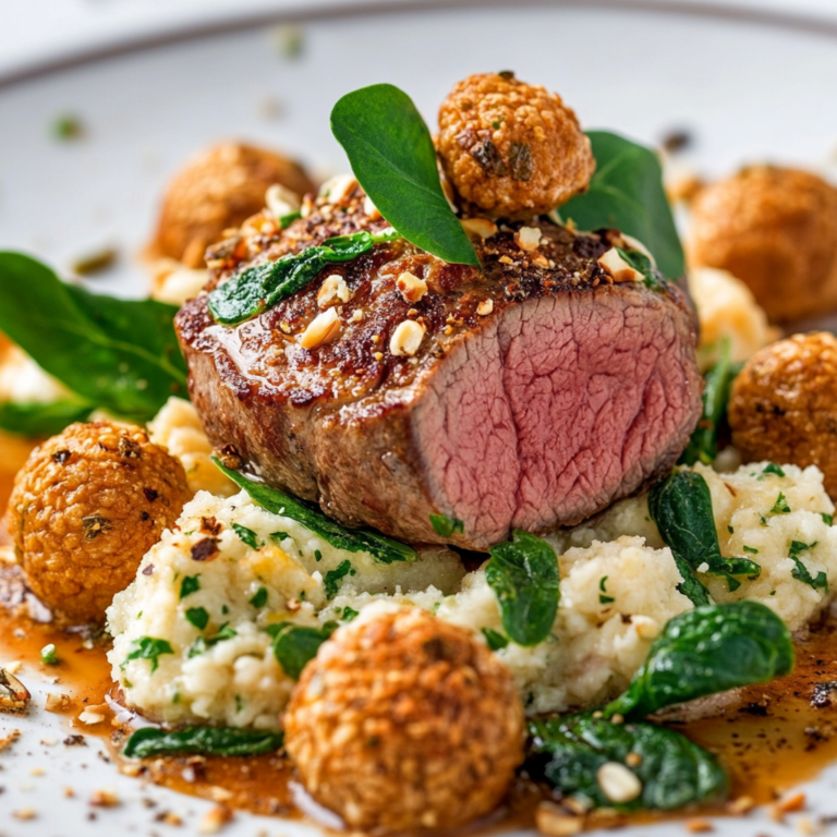 Plated Fillet of Beef Rossini with seared foie gras, truffle sauce, and toasted brioche.1