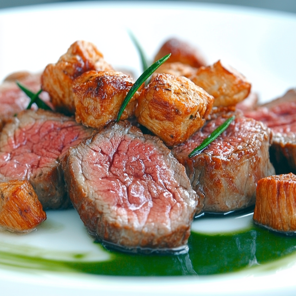 Plated Fillet of Beef Rossini with seared foie gras, truffle sauce, and toasted brioche.3