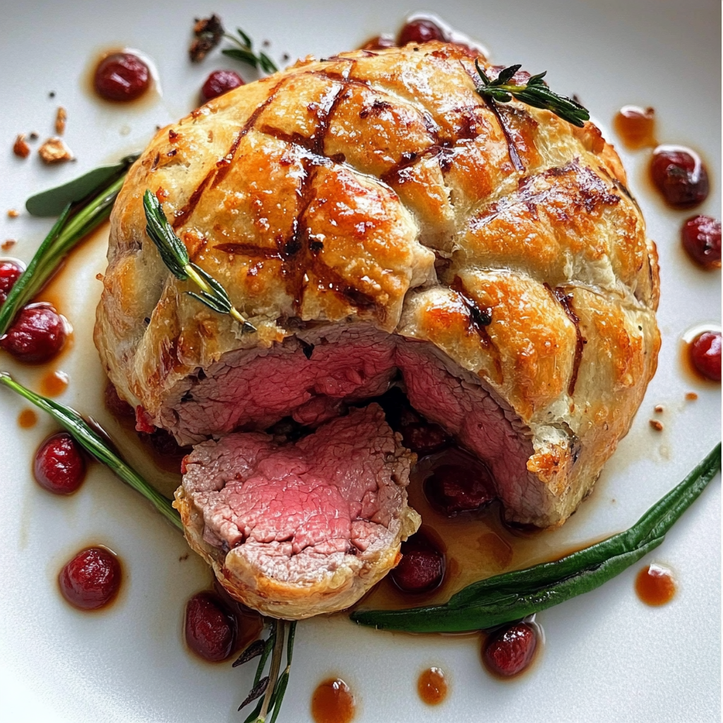 Perfectly baked Fillet of Beef Wellington sliced to show tender beef and golden puff pastry2
