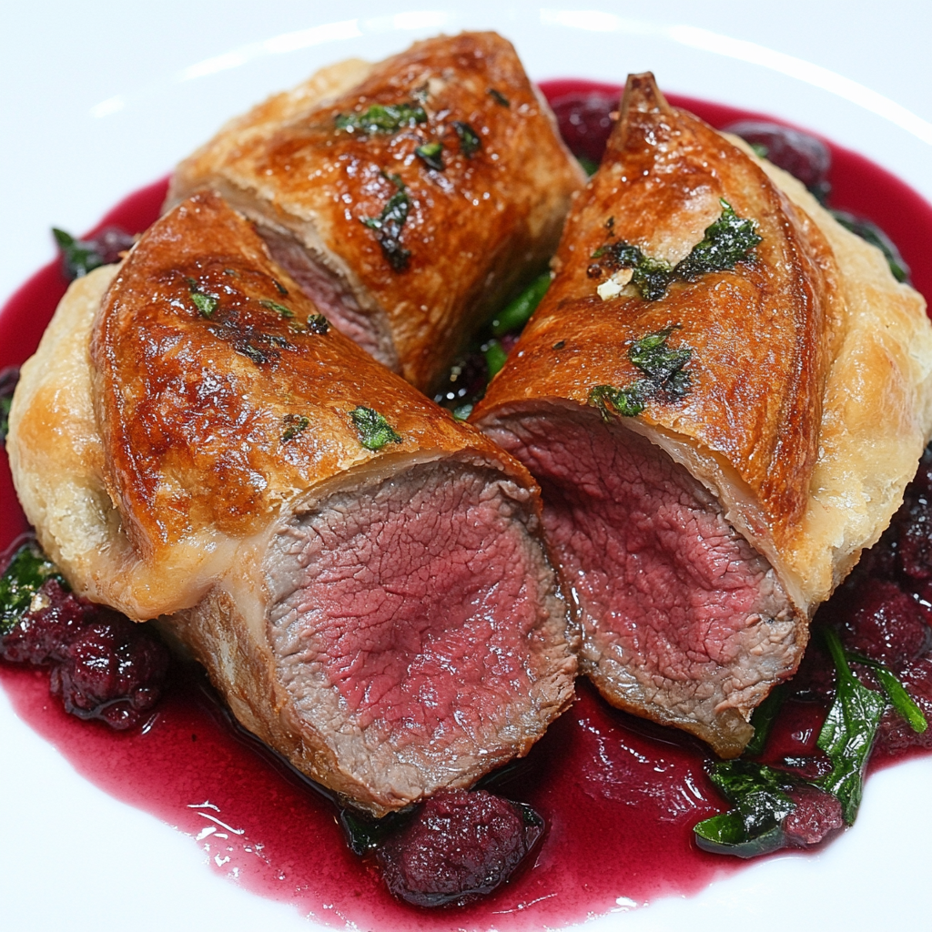 Perfectly baked Fillet of Beef Wellington sliced to show tender beef and golden puff pastry3