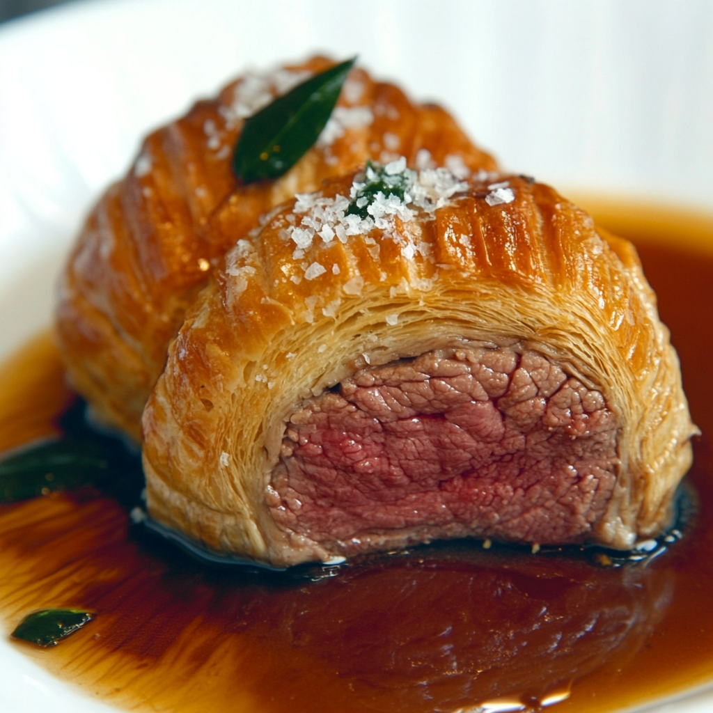 Perfectly baked Fillet of Beef Wellington sliced to show tender beef and golden puff pastry4