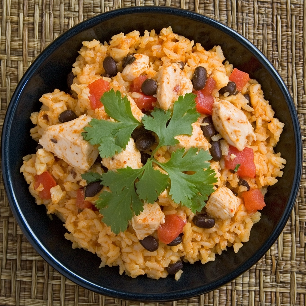 One-pot Mexican Chicken and Rice with vegetables, served in a skillet for a quick and easy dinner recipe.3