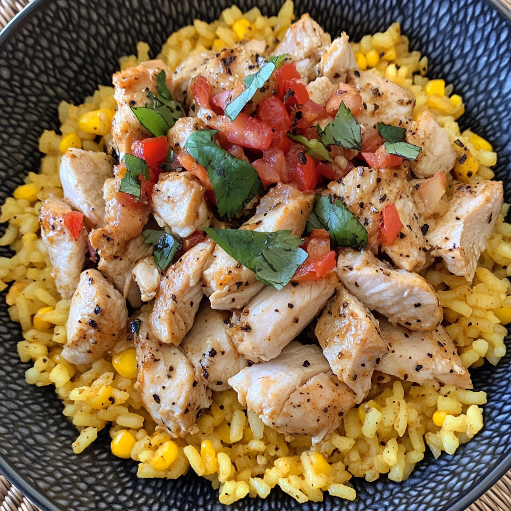 One-pot Mexican Chicken and Rice with vegetables, served in a skillet for a quick and easy dinner recipe.2
