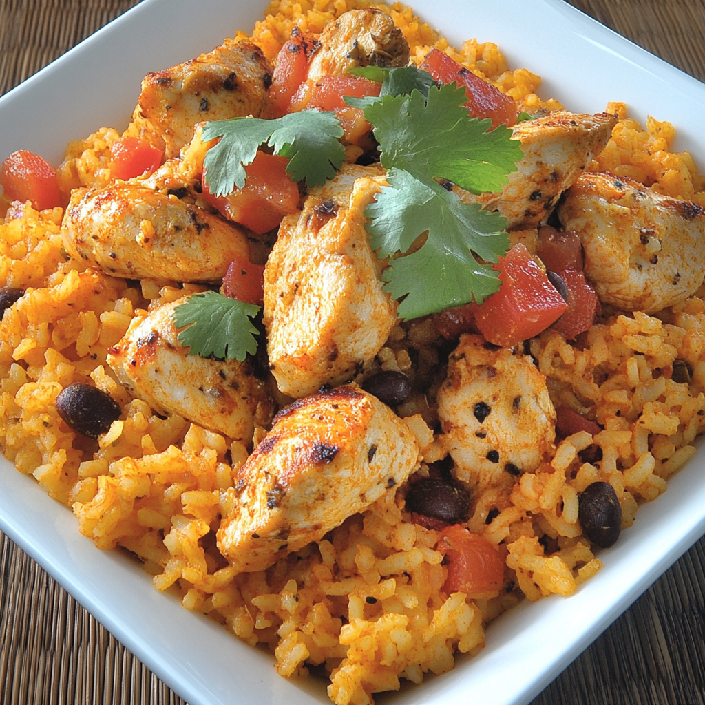 One-pot Mexican Chicken and Rice with vegetables, served in a skillet for a quick and easy dinner recipe.4