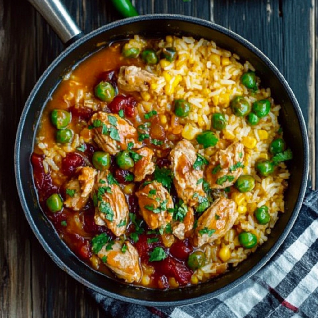 One-pot Mexican Chicken and Rice with vegetables, served in a skillet for a quick and easy dinner recipe.1