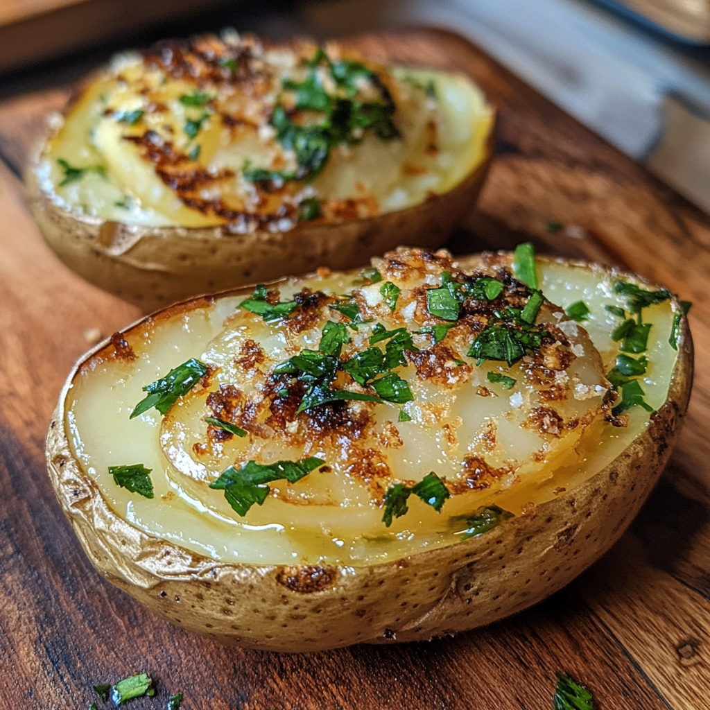 Perfect baked potatoes with crispy skins and fluffy interiors topped with butter and fresh herbs.4