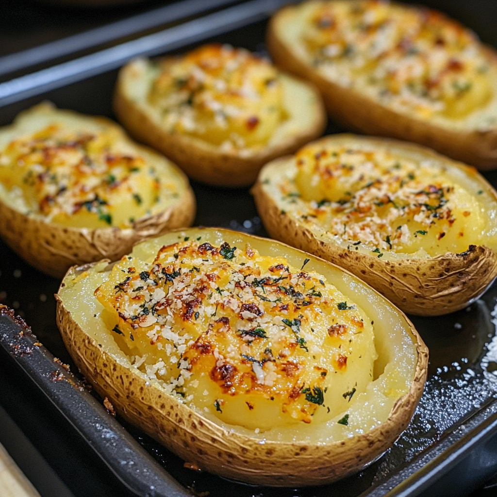 Perfect baked potatoes with crispy skins and fluffy interiors topped with butter and fresh herbs.3