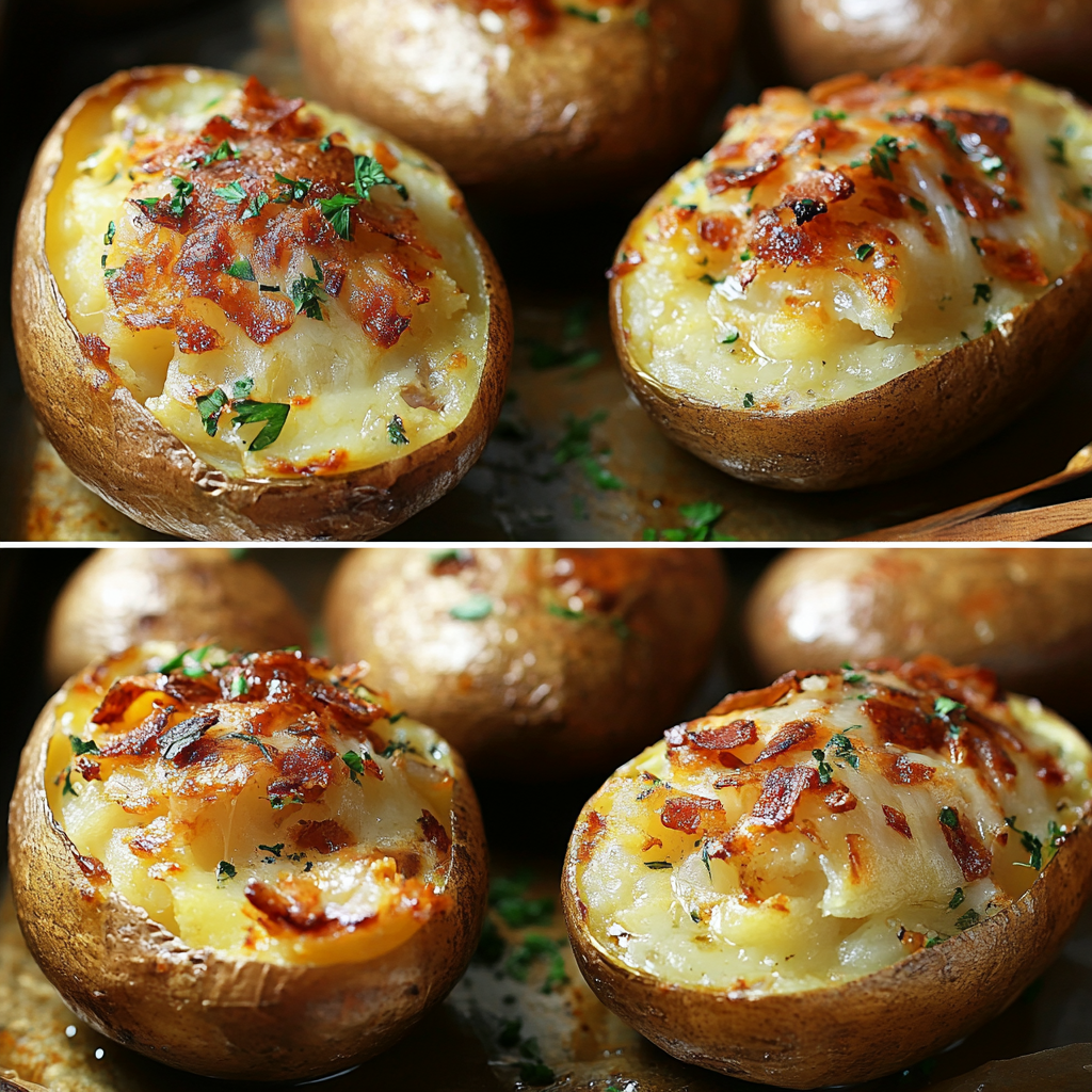 Perfect baked potatoes with crispy skins and fluffy interiors topped with butter and fresh herbs.2