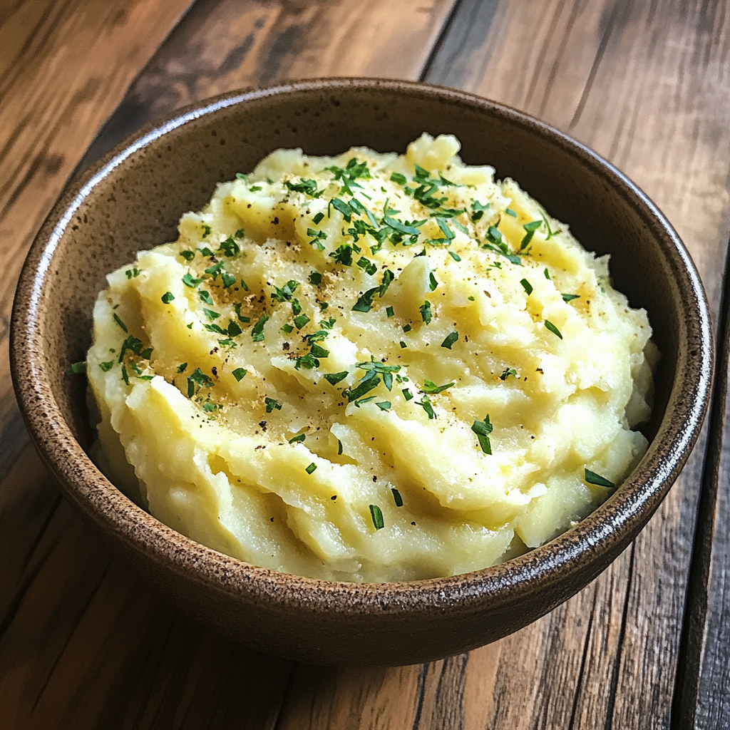 A bowl of creamy mashed potatoes topped with melted butter and fresh herbs1