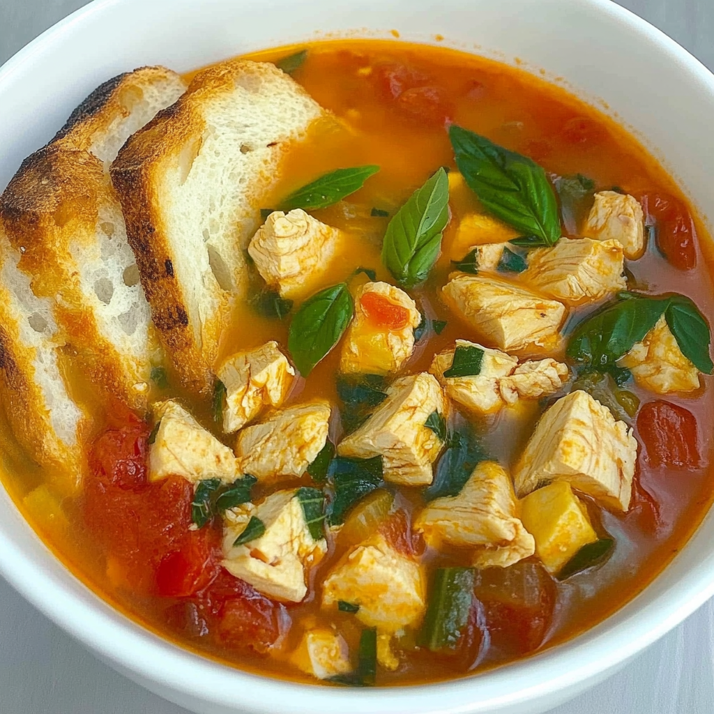 A bowl of Bruschetta Chicken Soup with fresh basil, diced tomatoes, and toasted croutons, served as an Italian comfort food dish.3