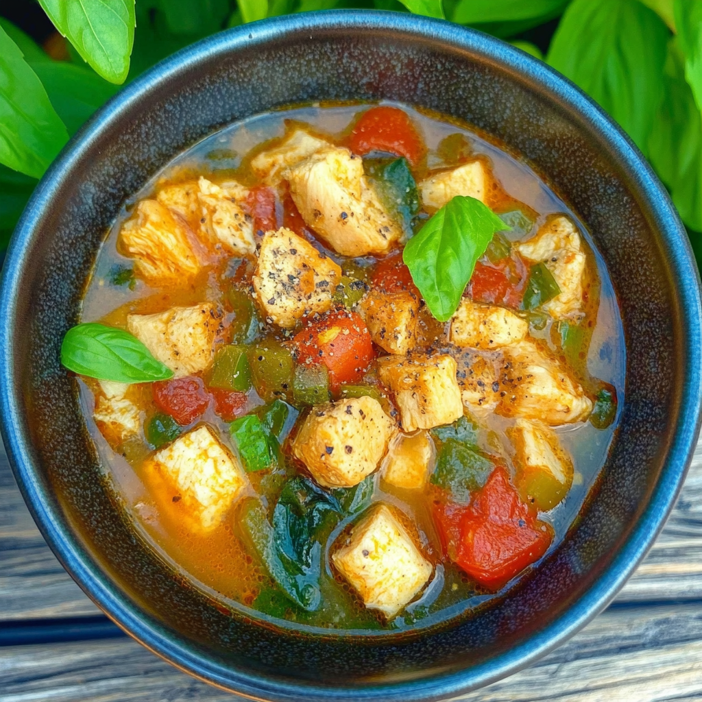 A bowl of Bruschetta Chicken Soup with fresh basil, diced tomatoes, and toasted croutons, served as an Italian comfort food dish.2