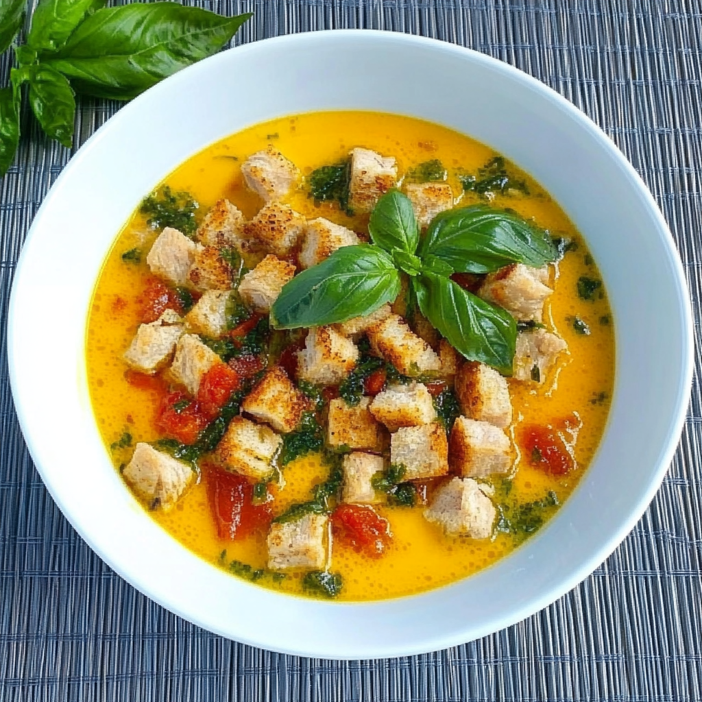 A bowl of Bruschetta Chicken Soup with fresh basil, diced tomatoes, and toasted croutons, served as an Italian comfort food dish.1