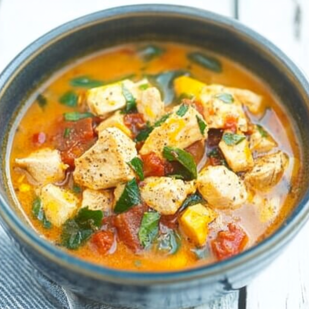 A bowl of Bruschetta Chicken Soup with fresh basil, diced tomatoes, and toasted croutons, served as an Italian comfort food dish.4