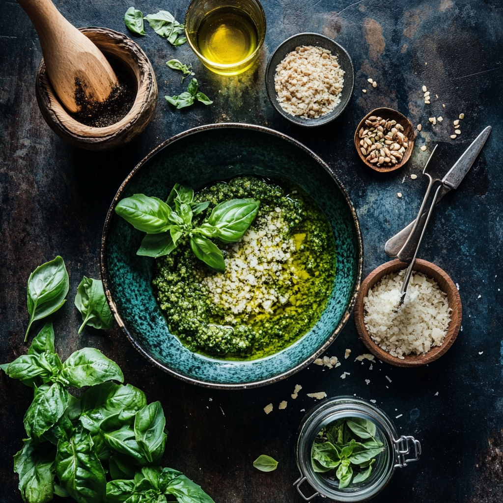A bowl of fresh green pesto sauce with basil leaves, pine nuts, and cheese – showcasing versatile pesto sauce uses.4