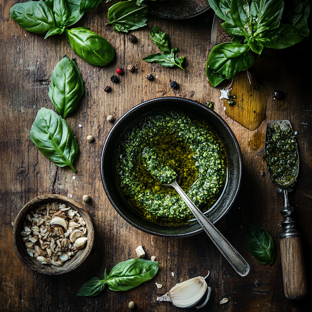 A bowl of fresh green pesto sauce with basil leaves, pine nuts, and cheese – showcasing versatile pesto sauce uses.3