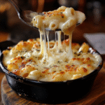 Close-up of creamy baked mac and cheese with golden breadcrumb topping