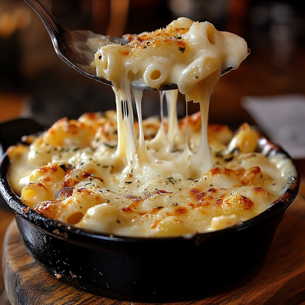 Close-up of creamy baked mac and cheese with golden breadcrumb topping