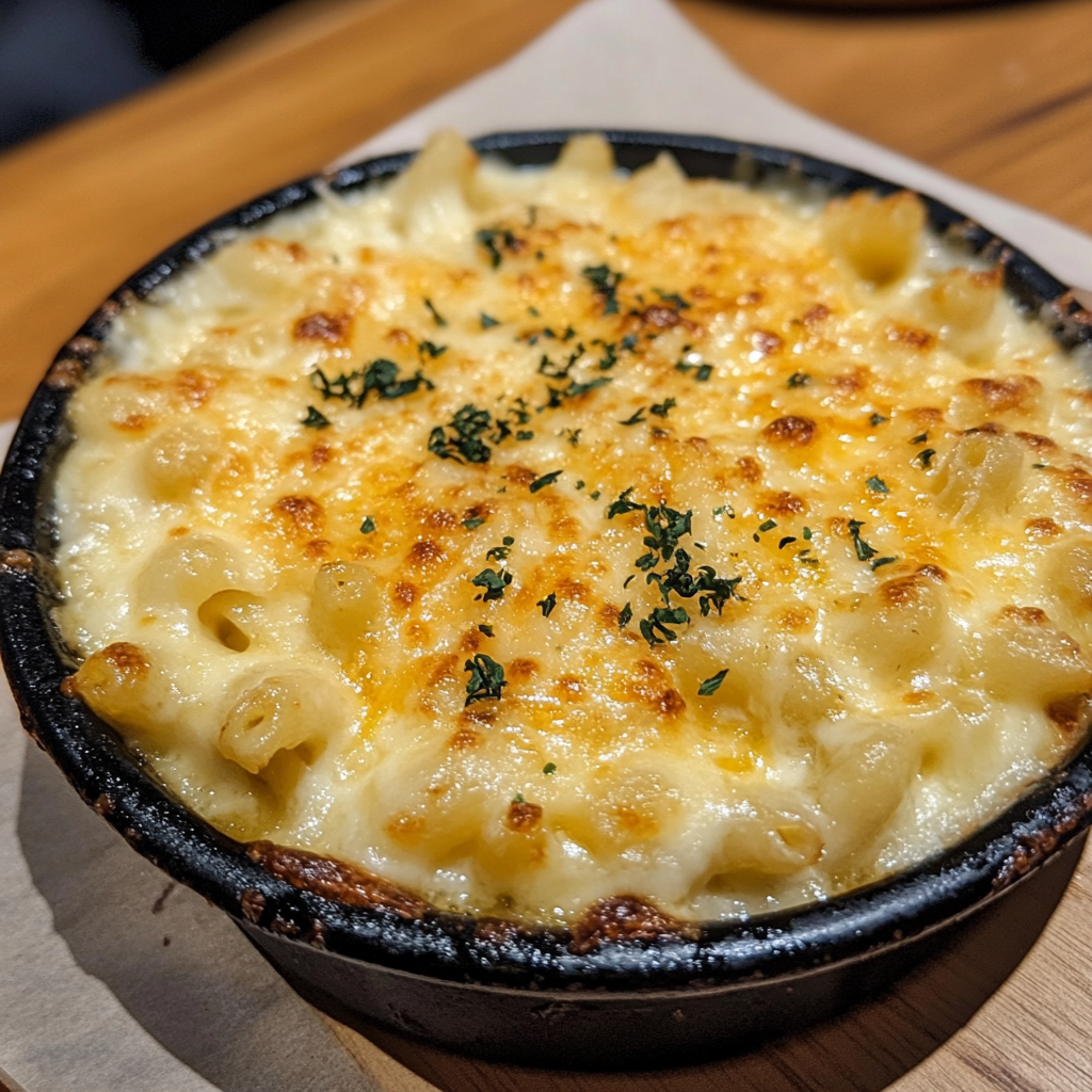 Close-up of creamy baked mac and cheese with golden breadcrumb topping2