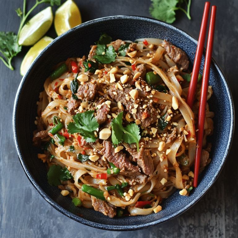 Beef Pad Thai recipe served in a bowl with rice noodles, stir-fried beef, crushed peanuts, and lime wedges1