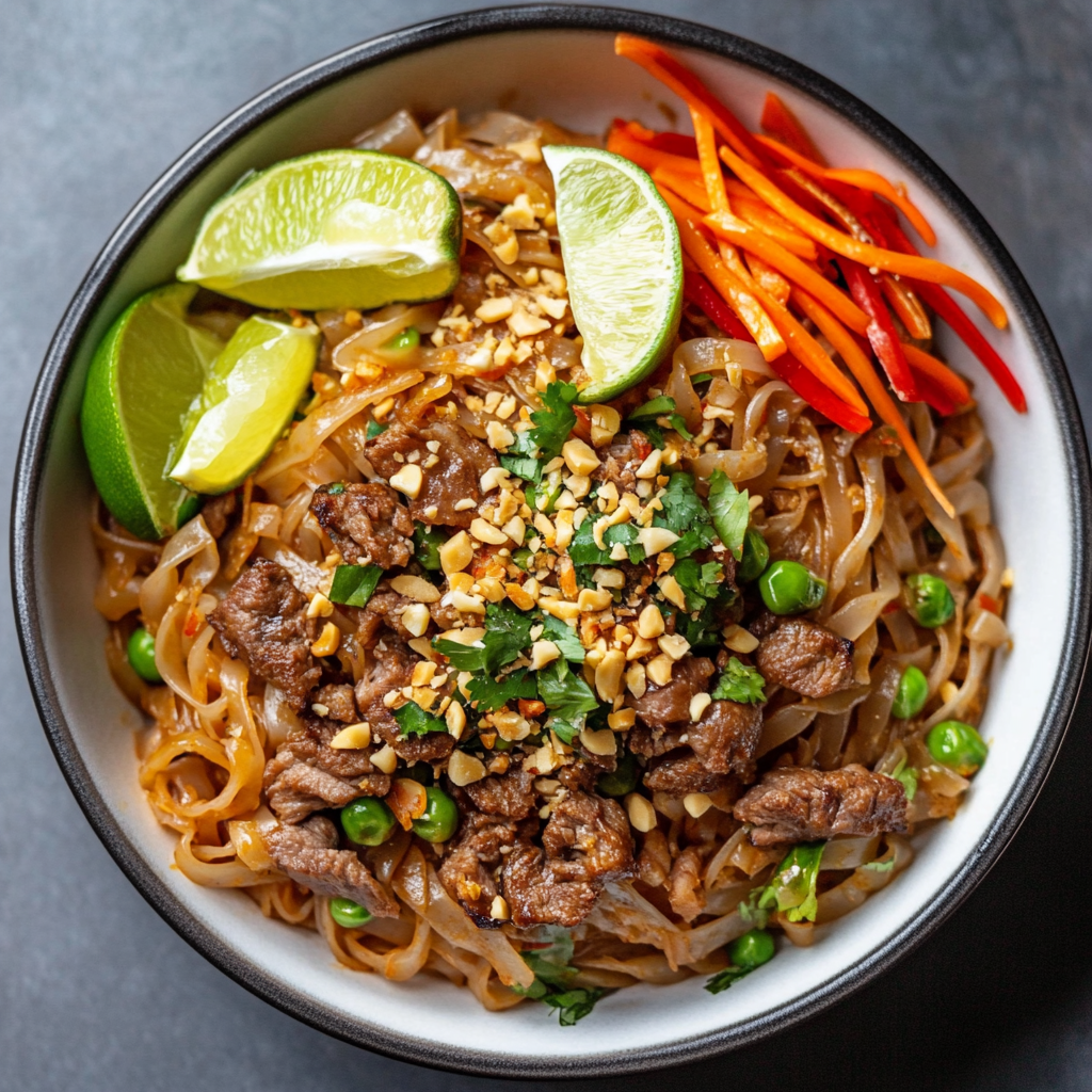 Beef Pad Thai recipe served in a bowl with rice noodles, stir-fried beef, crushed peanuts, and lime wedges4