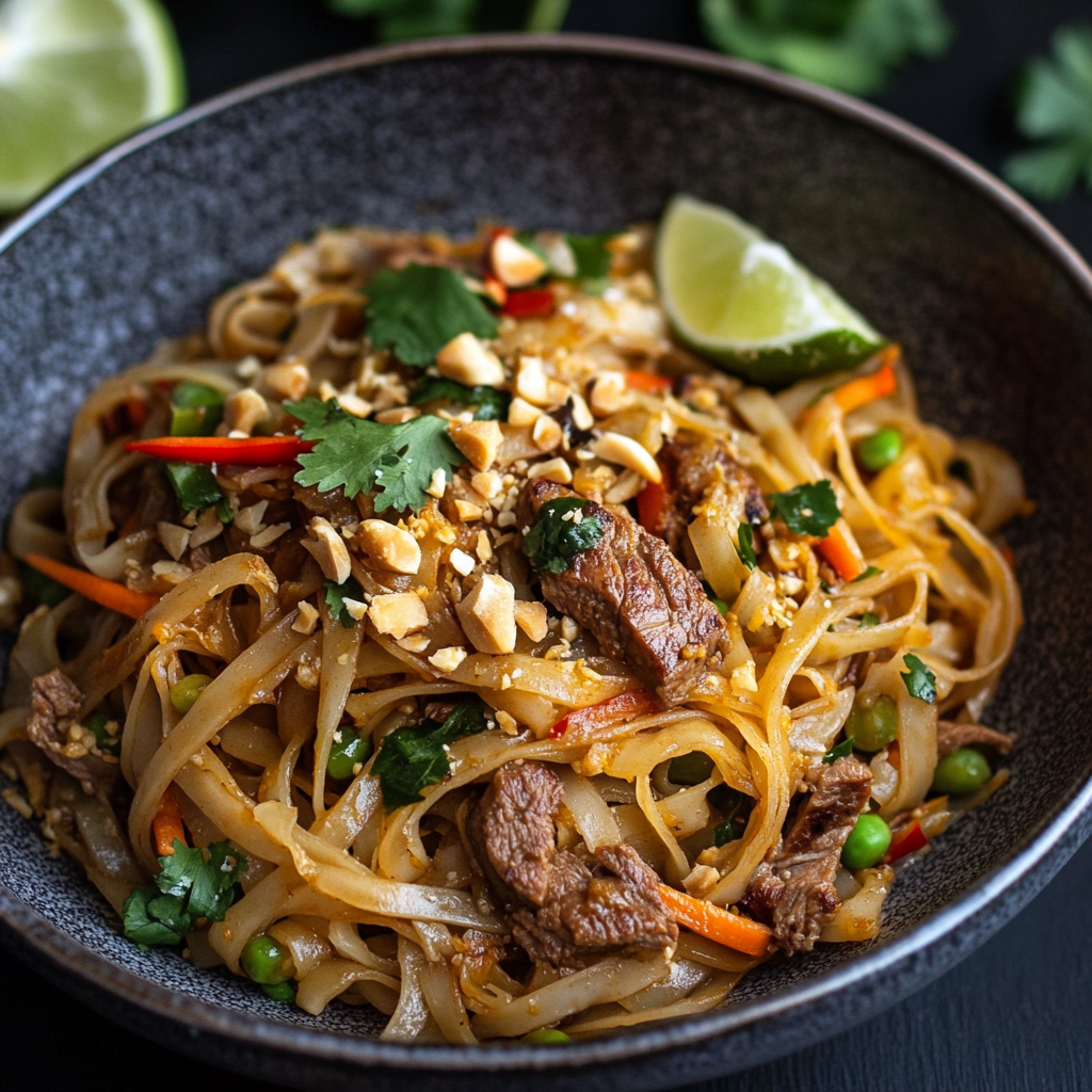 Beef Pad Thai recipe served in a bowl with rice noodles, stir-fried beef, crushed peanuts, and lime wedges2