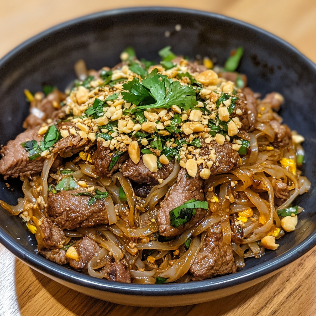 Beef Pad Thai recipe served in a bowl with rice noodles, stir-fried beef, crushed peanuts, and lime wedges3