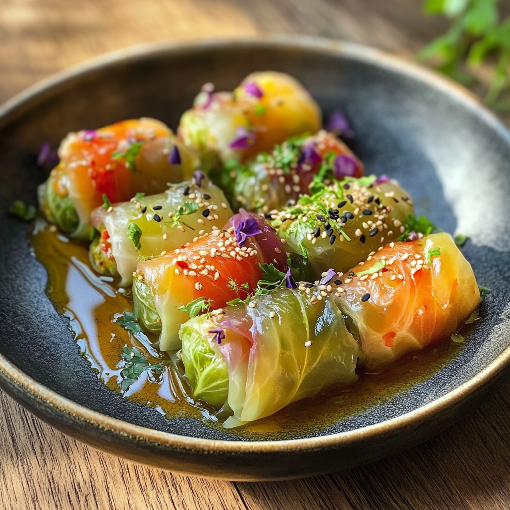 A plate of traditional cabbage rolls stuffed with meat and rice, served in tomato sauce and garnished with herbs