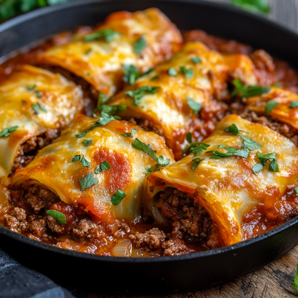 Cabbage rolls with ground beef served in tomato sauce, topped with fresh herbs1