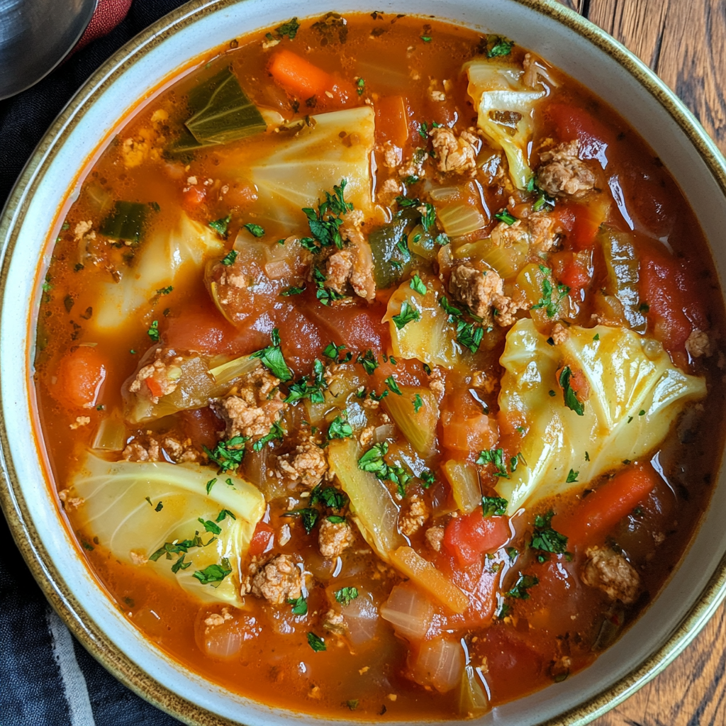 A bowl of Cabbage Roll Soup filled with ground beef, rice, cabbage, and tomatoes, resembling unstuffed cabbage roll1