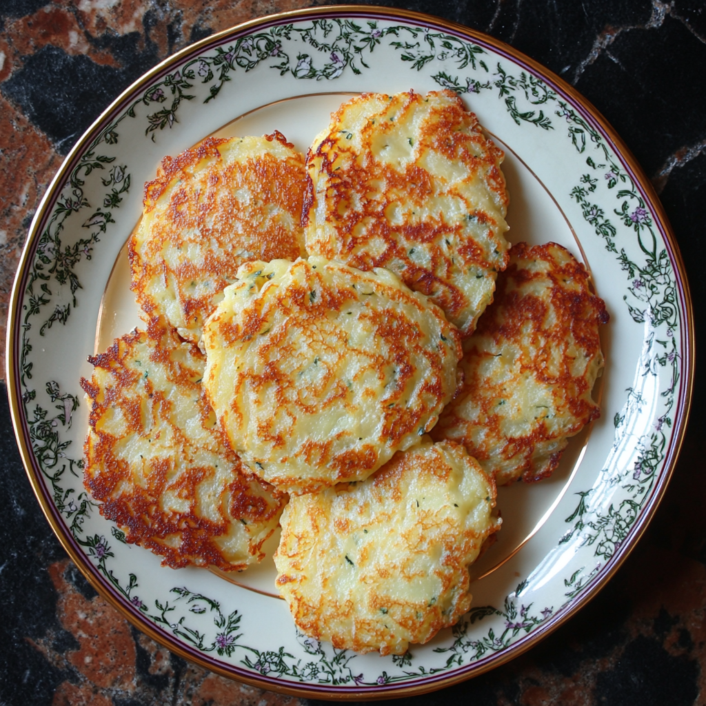 Golden-brown potato pancakes stacked on a plate with sour cream and applesauce, showcasing crispy texture and homemade flavor4