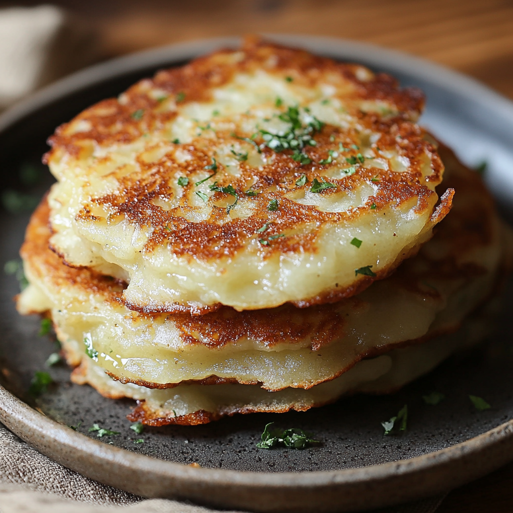 Golden-brown potato pancakes stacked on a plate with sour cream and applesauce, showcasing crispy texture and homemade flavor.3